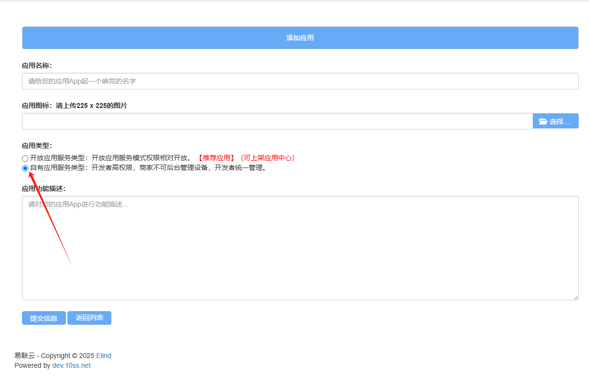 填写应用信息界面